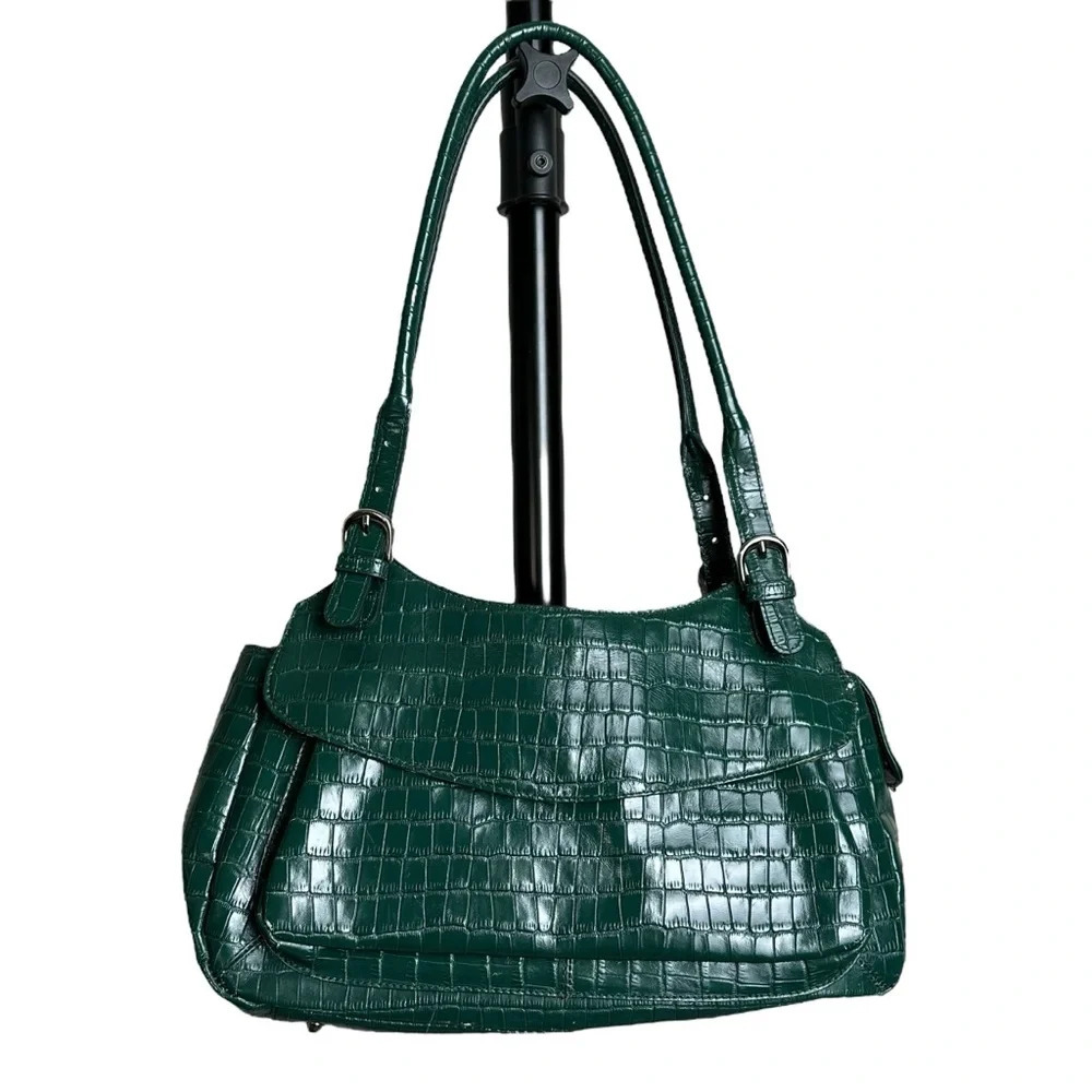 MAXX New York Green Croc Embossed Leather Shoulder Bag Silver Hardware Mobwife - Picture 2 of 16